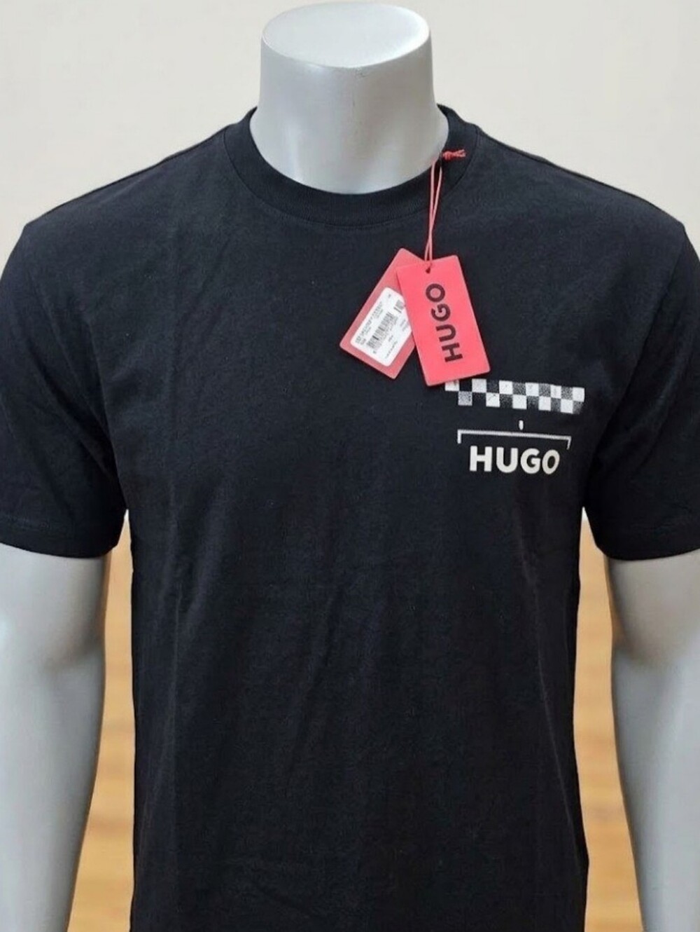 HUGO Black Short Sleeve Tee with Checker Accent